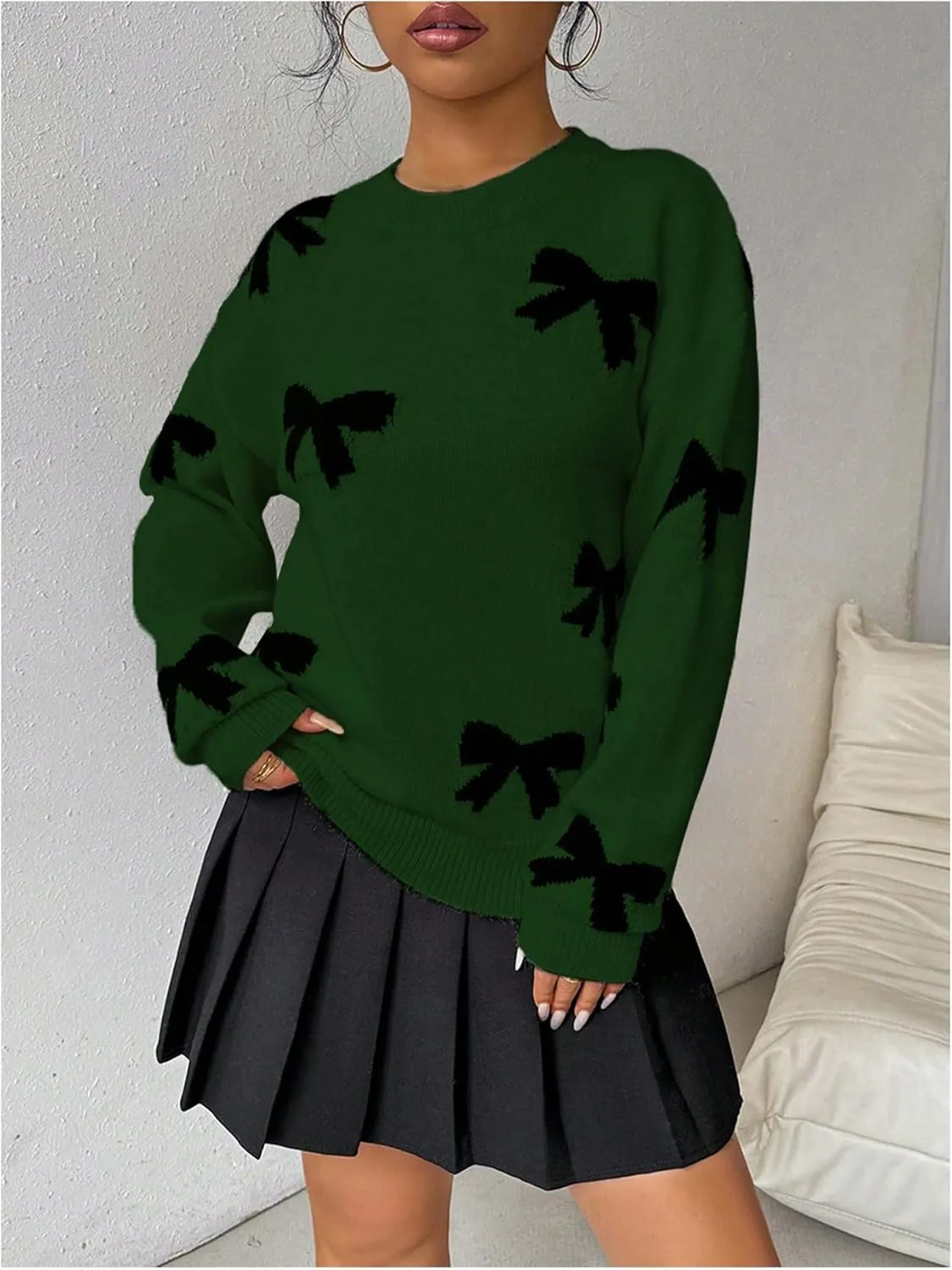 GORGLITTER Women's Bow Sweater Long Sleeve Crew Neck Vintage Y2k Knitted Sweater
