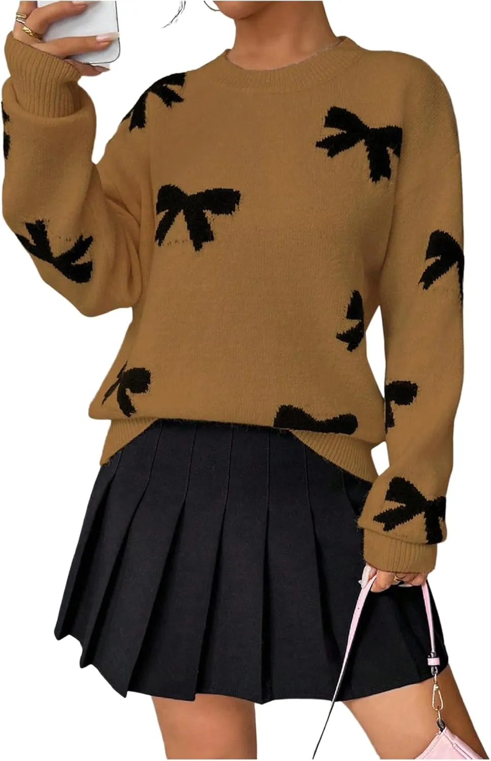 GORGLITTER Women's Bow Sweater Long Sleeve Crew Neck Vintage Y2k Knitted Sweater