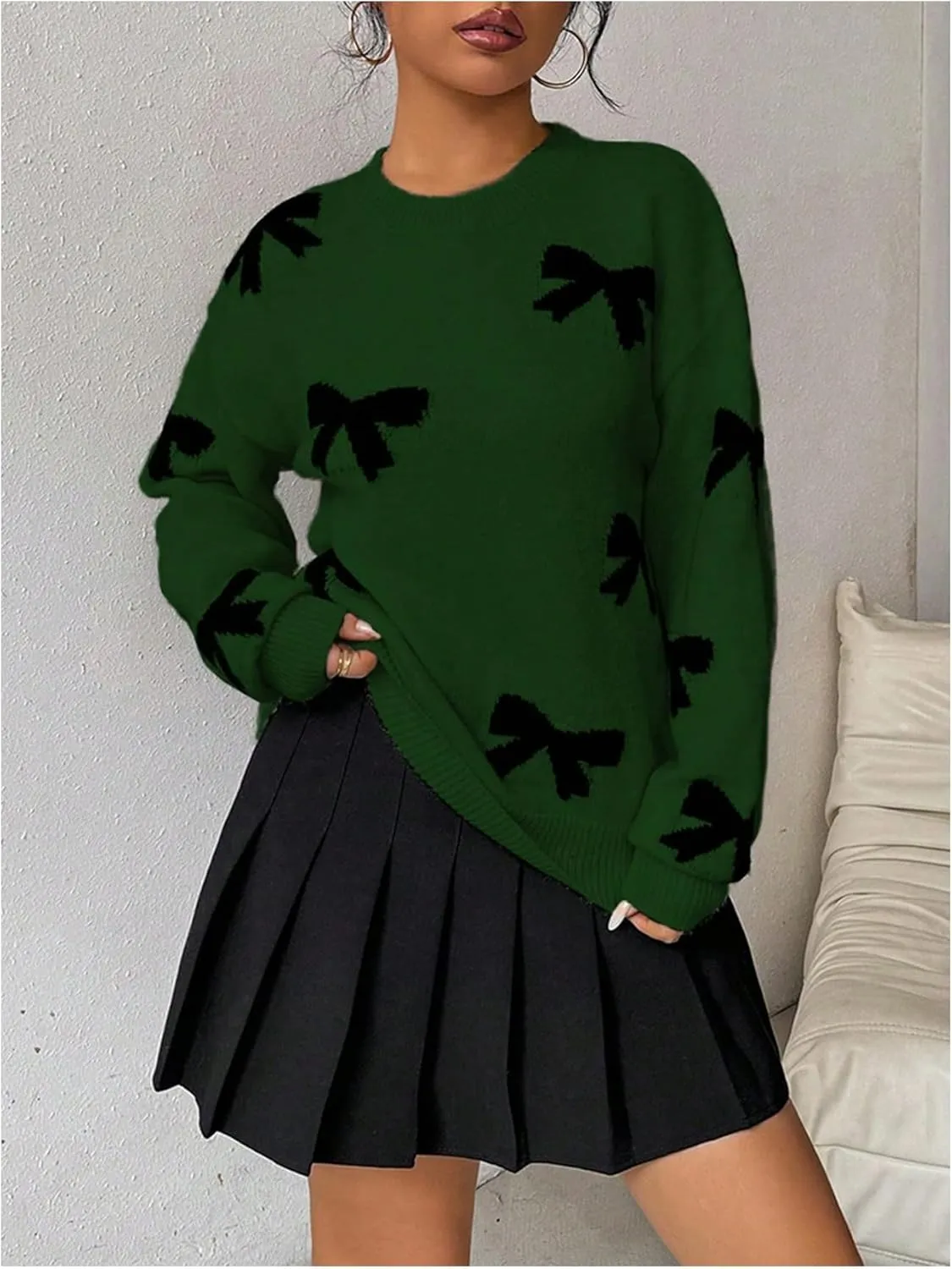 GORGLITTER Women's Bow Sweater Long Sleeve Crew Neck Vintage Y2k Knitted Sweater