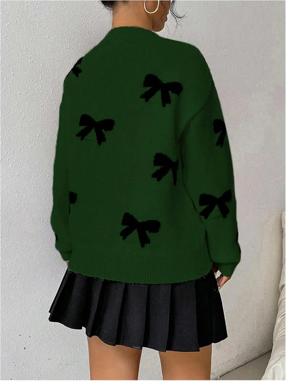 GORGLITTER Women's Bow Sweater Long Sleeve Crew Neck Vintage Y2k Knitted Sweater
