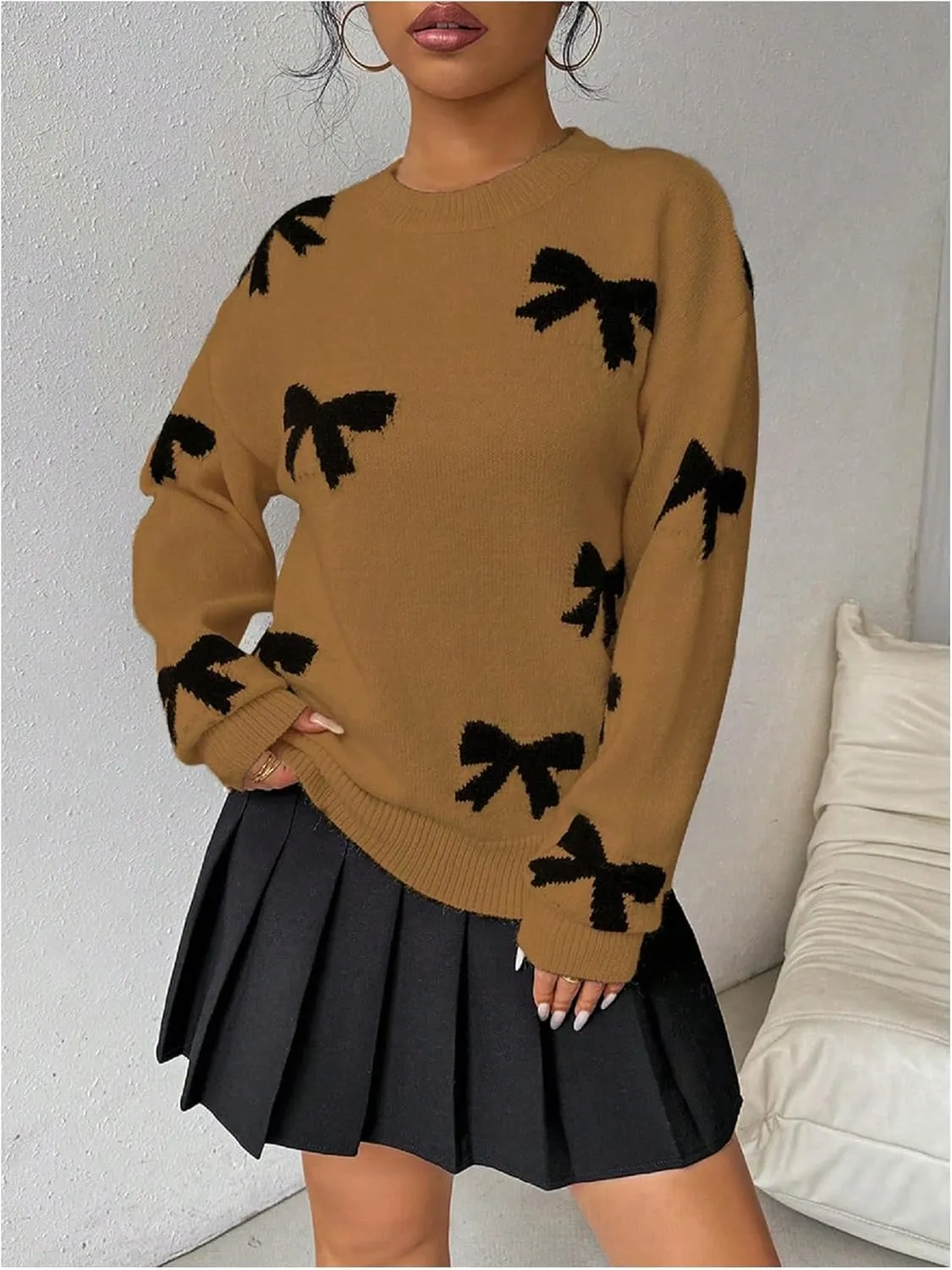 GORGLITTER Women's Bow Sweater Long Sleeve Crew Neck Vintage Y2k Knitted Sweater