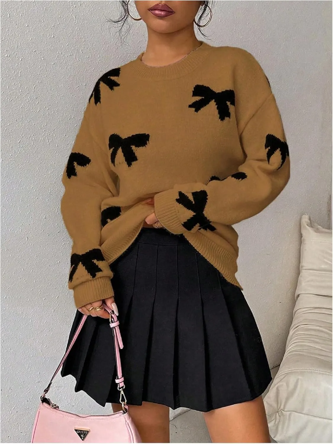 GORGLITTER Women's Bow Sweater Long Sleeve Crew Neck Vintage Y2k Knitted Sweater