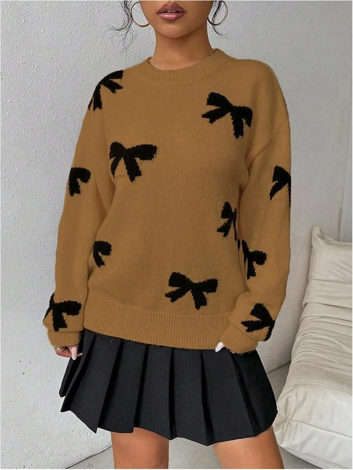 GORGLITTER Women's Bow Sweater Long Sleeve Crew Neck Vintage Y2k Knitted Sweater