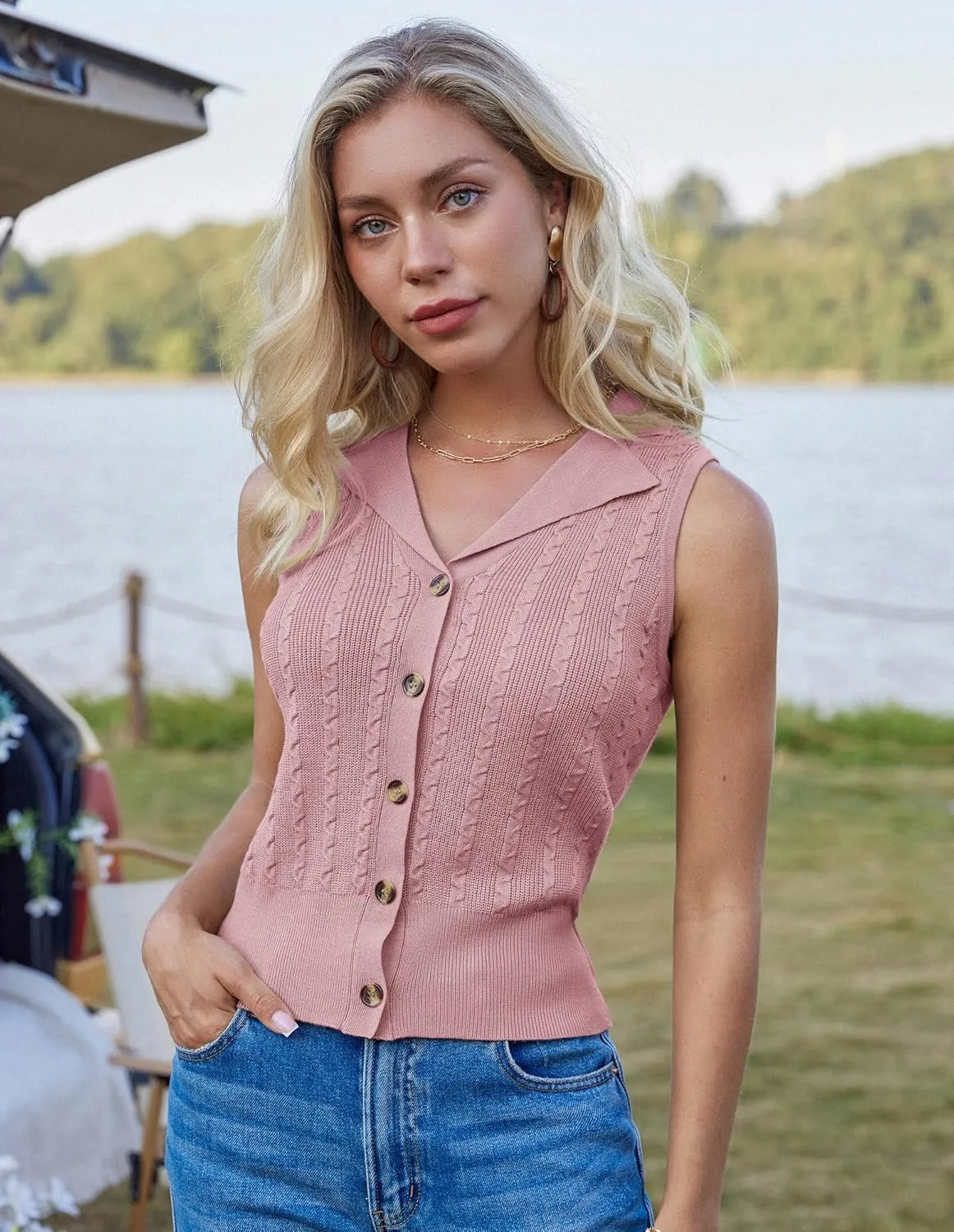 GRACE KARIN Sweater Vest Women Summer Sleeveless Knit Cardigans V Neck Collared Lightweight Button Down Sweaters Tops