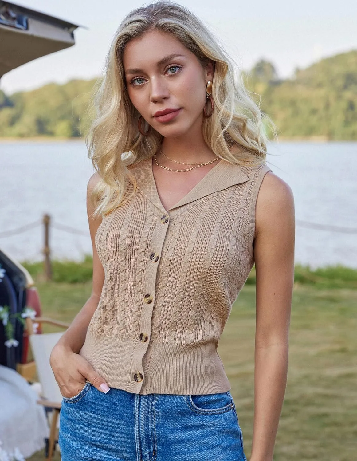 GRACE KARIN Sweater Vest Women Summer Sleeveless Knit Cardigans V Neck Collared Lightweight Button Down Sweaters Tops