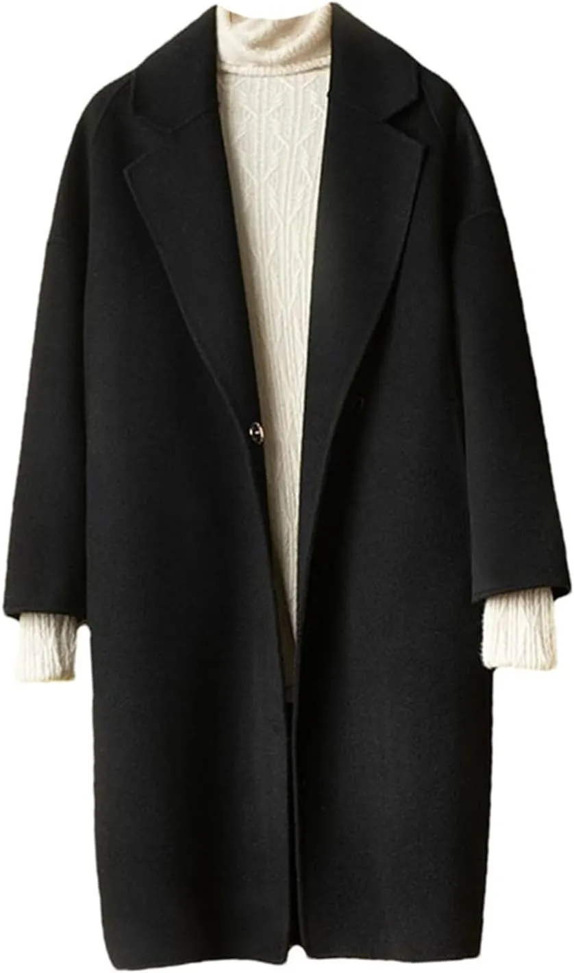 Haitpant Autumn Winter Womens Long Cashmere Overcoat Casual Loose Warm Jackets Double-Sided 100% Wool Tweed Coat