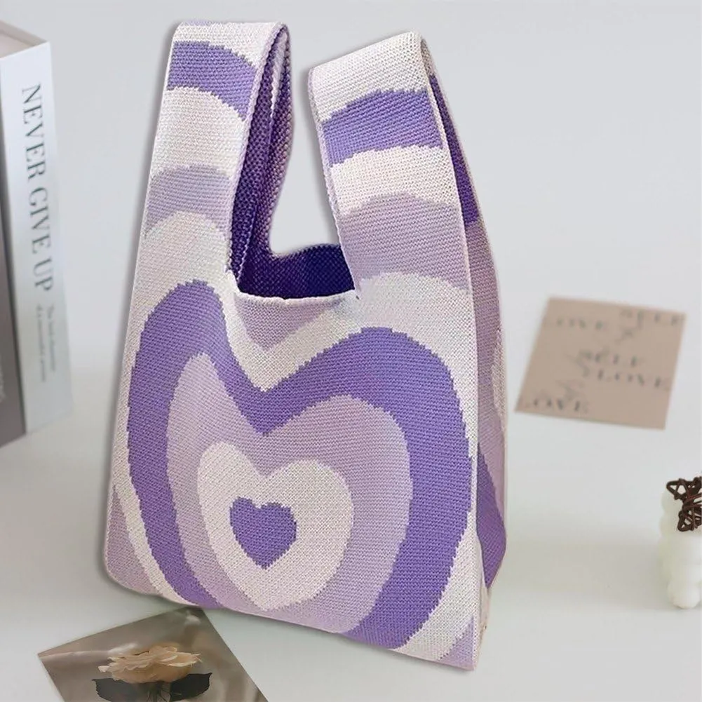 Handmade Knit Handbag Women Mini Knot Wrist Bag Casual Plaid Tote Bag Reusable Shopping Bags Knit Handbag Wrist Bag