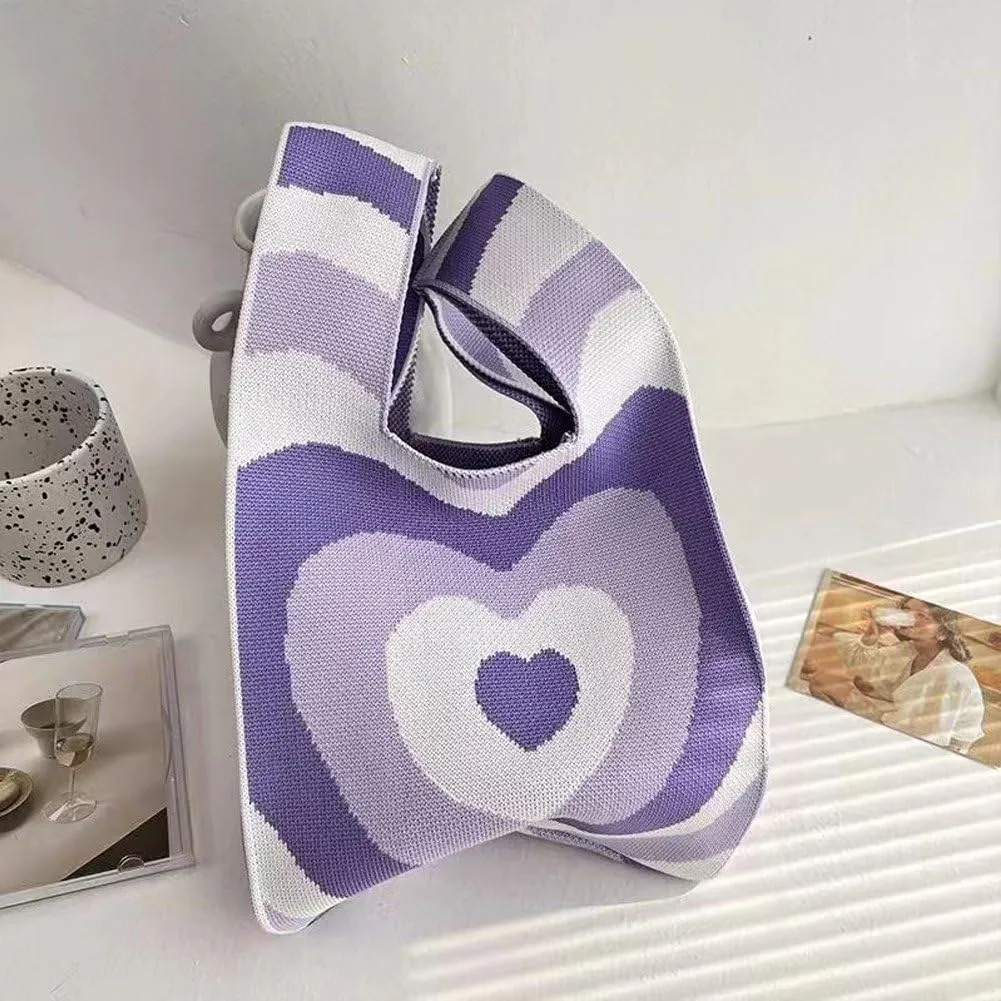 Handmade Knit Handbag Women Mini Knot Wrist Bag Casual Plaid Tote Bag Reusable Shopping Bags Knit Handbag Wrist Bag