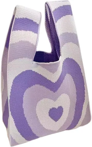 Handmade Knit Handbag Women Mini Knot Wrist Bag Casual Plaid Tote Bag Reusable Shopping Bags Knit Handbag Wrist Bag