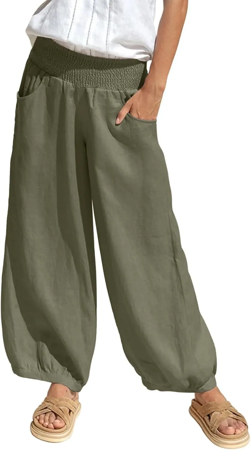 Harem Pants Women Wide Leg Elastic Waist Summer Linen Pants Flowy Loose Baggy Palazzo Trendy Beach Vacation Trousers