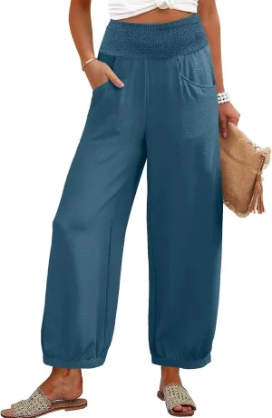 Harem Pants Women Wide Leg Elastic Waist Summer Linen Pants Flowy Loose Baggy Palazzo Trendy Beach Vacation Trousers