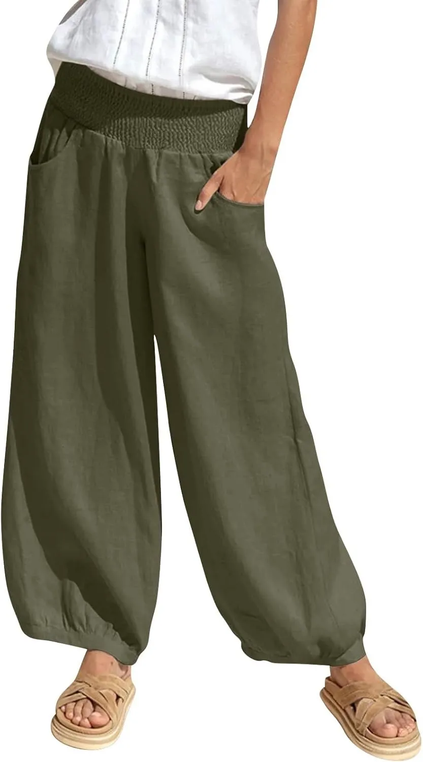 Harem Pants Women Wide Leg Elastic Waist Summer Linen Pants Flowy Loose Baggy Palazzo Trendy Beach Vacation Trousers
