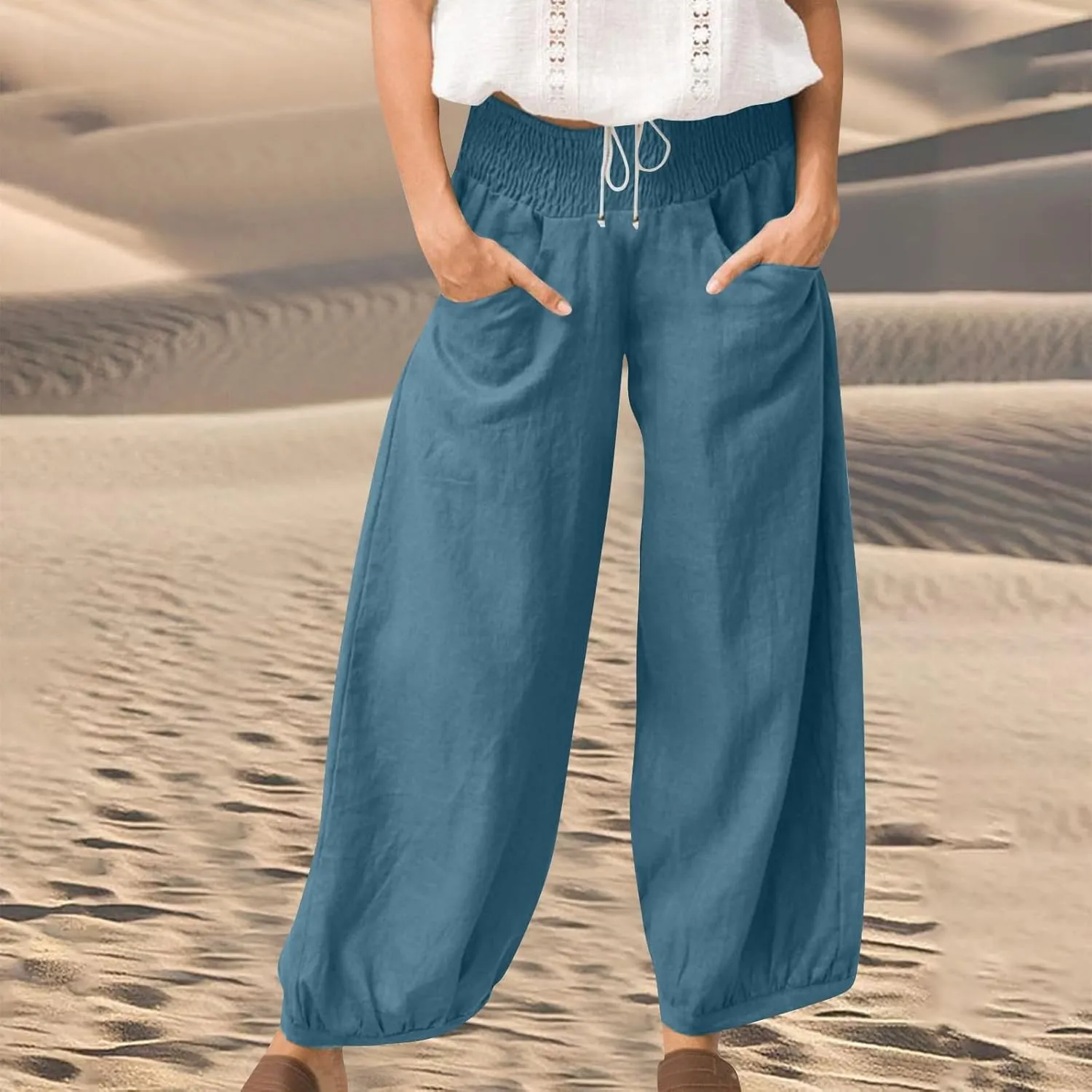 Harem Pants Women Wide Leg Elastic Waist Summer Linen Pants Flowy Loose Baggy Palazzo Trendy Beach Vacation Trousers