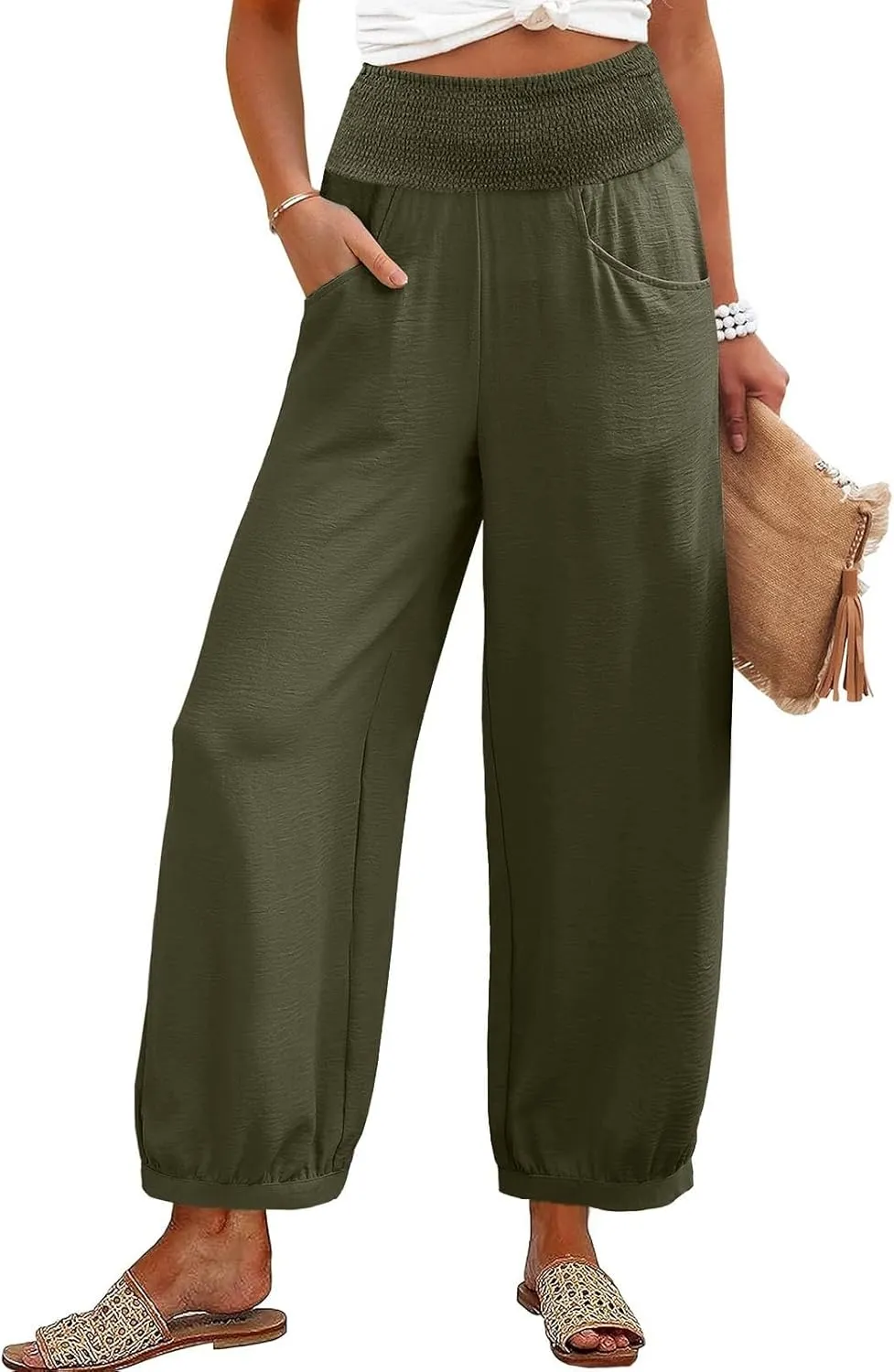 Harem Pants Women Wide Leg Elastic Waist Summer Linen Pants Flowy Loose Baggy Palazzo Trendy Beach Vacation Trousers
