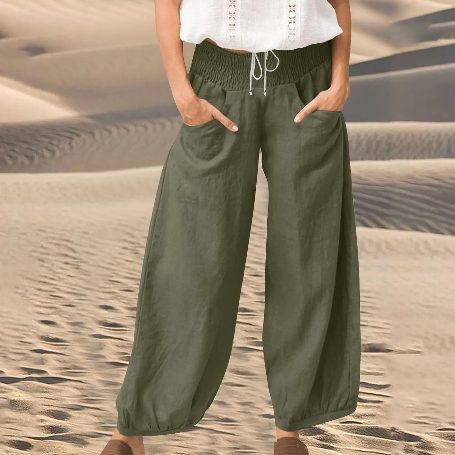 Harem Pants Women Wide Leg Elastic Waist Summer Linen Pants Flowy Loose Baggy Palazzo Trendy Beach Vacation Trousers