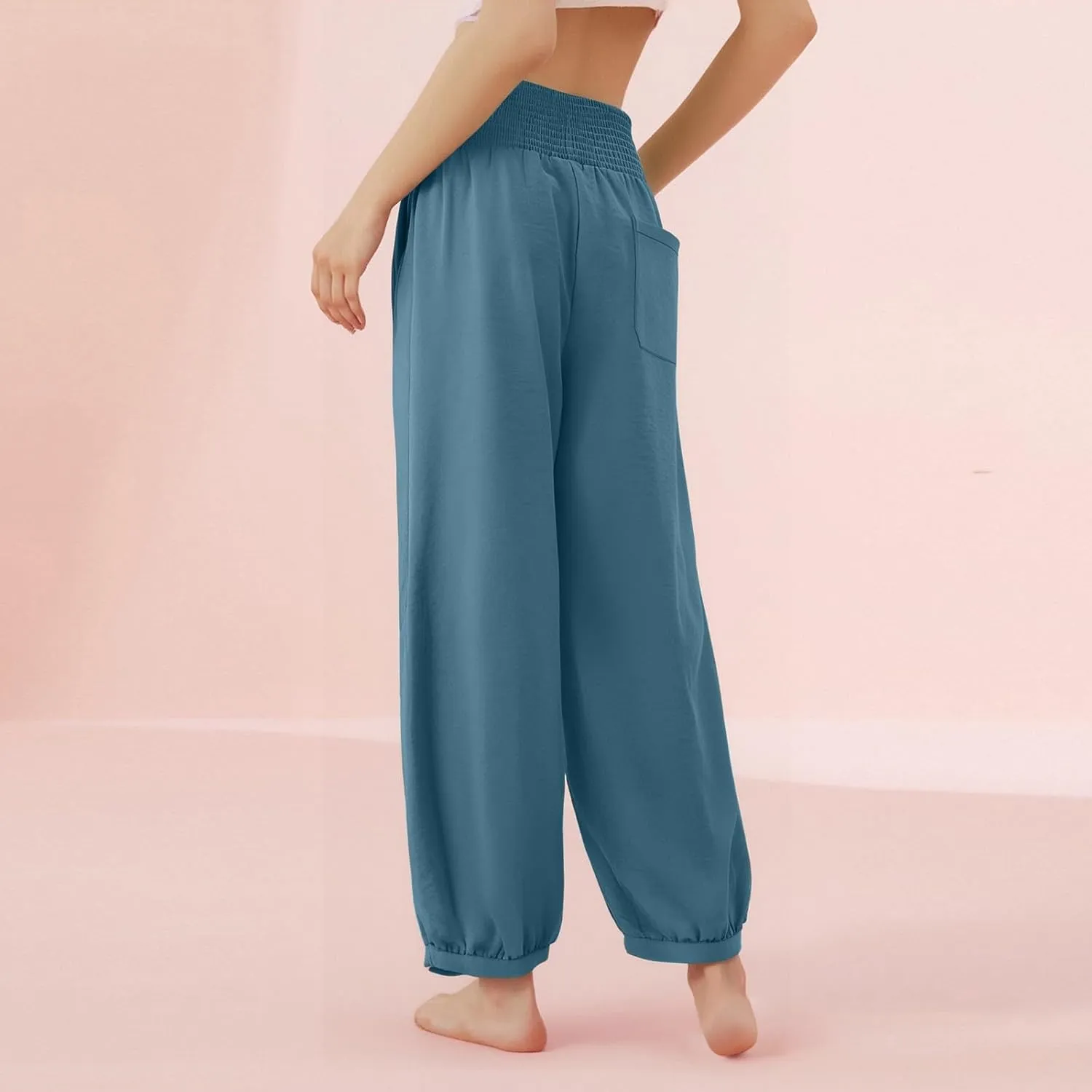 Harem Pants Women Wide Leg Elastic Waist Summer Linen Pants Flowy Loose Baggy Palazzo Trendy Beach Vacation Trousers