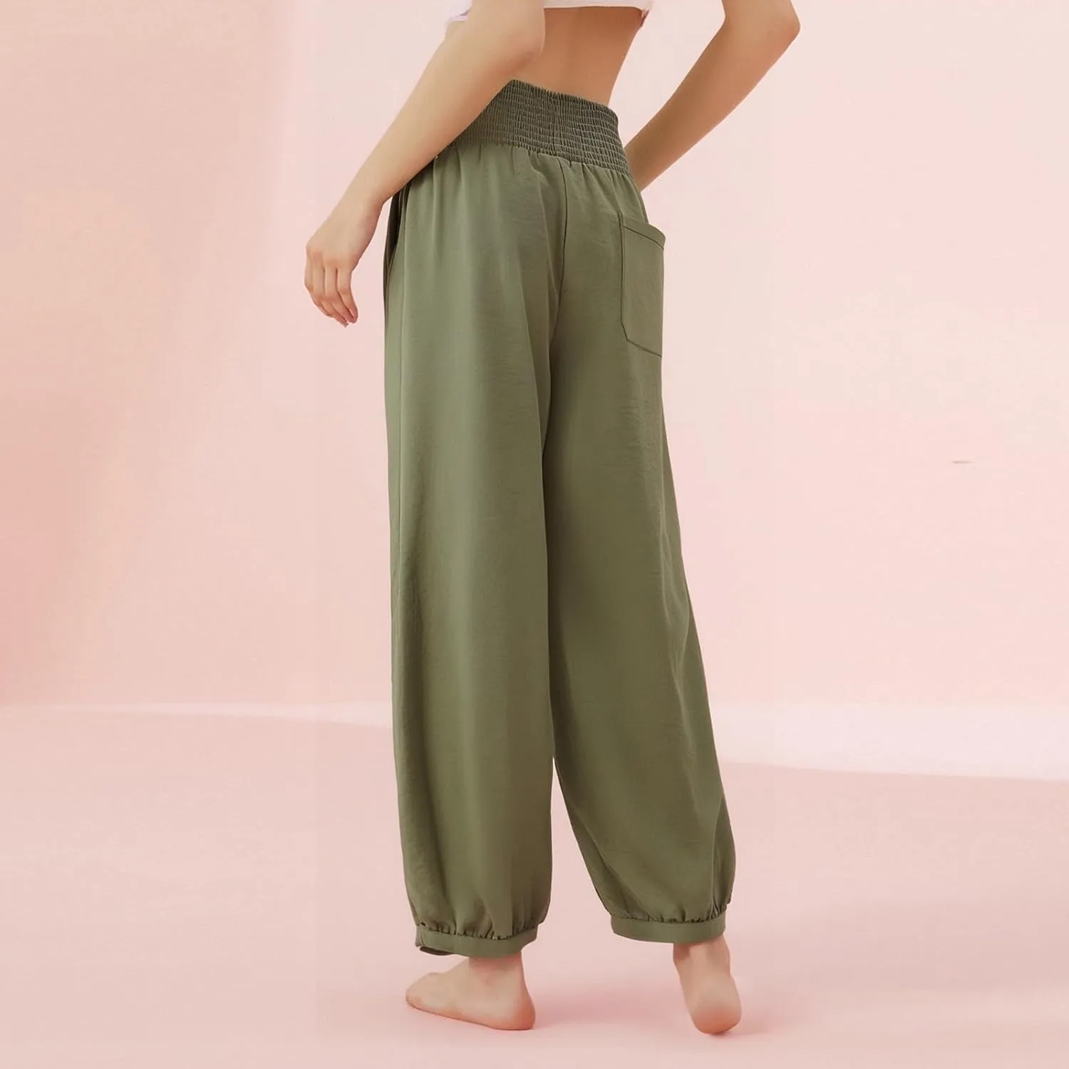 Harem Pants Women Wide Leg Elastic Waist Summer Linen Pants Flowy Loose Baggy Palazzo Trendy Beach Vacation Trousers