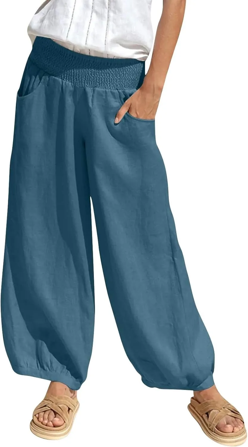 Harem Pants Women Wide Leg Elastic Waist Summer Linen Pants Flowy Loose Baggy Palazzo Trendy Beach Vacation Trousers
