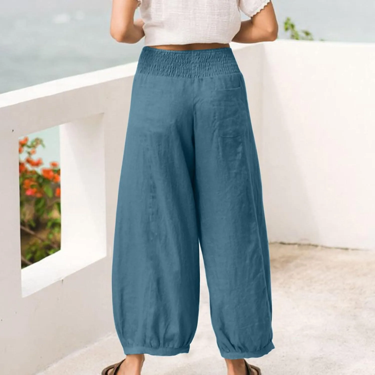 Harem Pants Women Wide Leg Elastic Waist Summer Linen Pants Flowy Loose Baggy Palazzo Trendy Beach Vacation Trousers