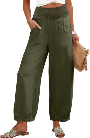 Harem Pants Women Wide Leg Elastic Waist Summer Linen Pants Flowy Loose Baggy Palazzo Trendy Beach Vacation Trousers