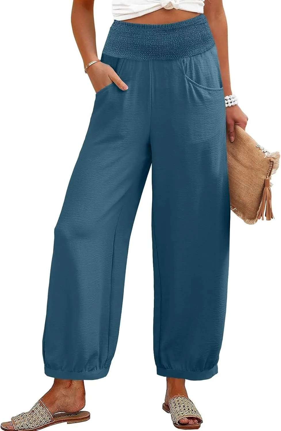 Harem Pants Women Wide Leg Elastic Waist Summer Linen Pants Flowy Loose Baggy Palazzo Trendy Beach Vacation Trousers