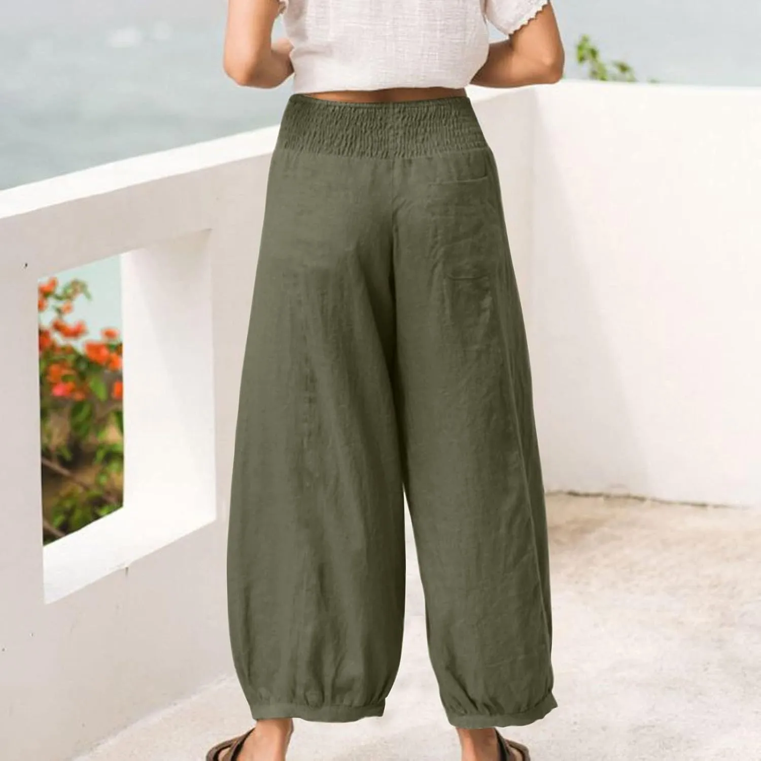 Harem Pants Women Wide Leg Elastic Waist Summer Linen Pants Flowy Loose Baggy Palazzo Trendy Beach Vacation Trousers