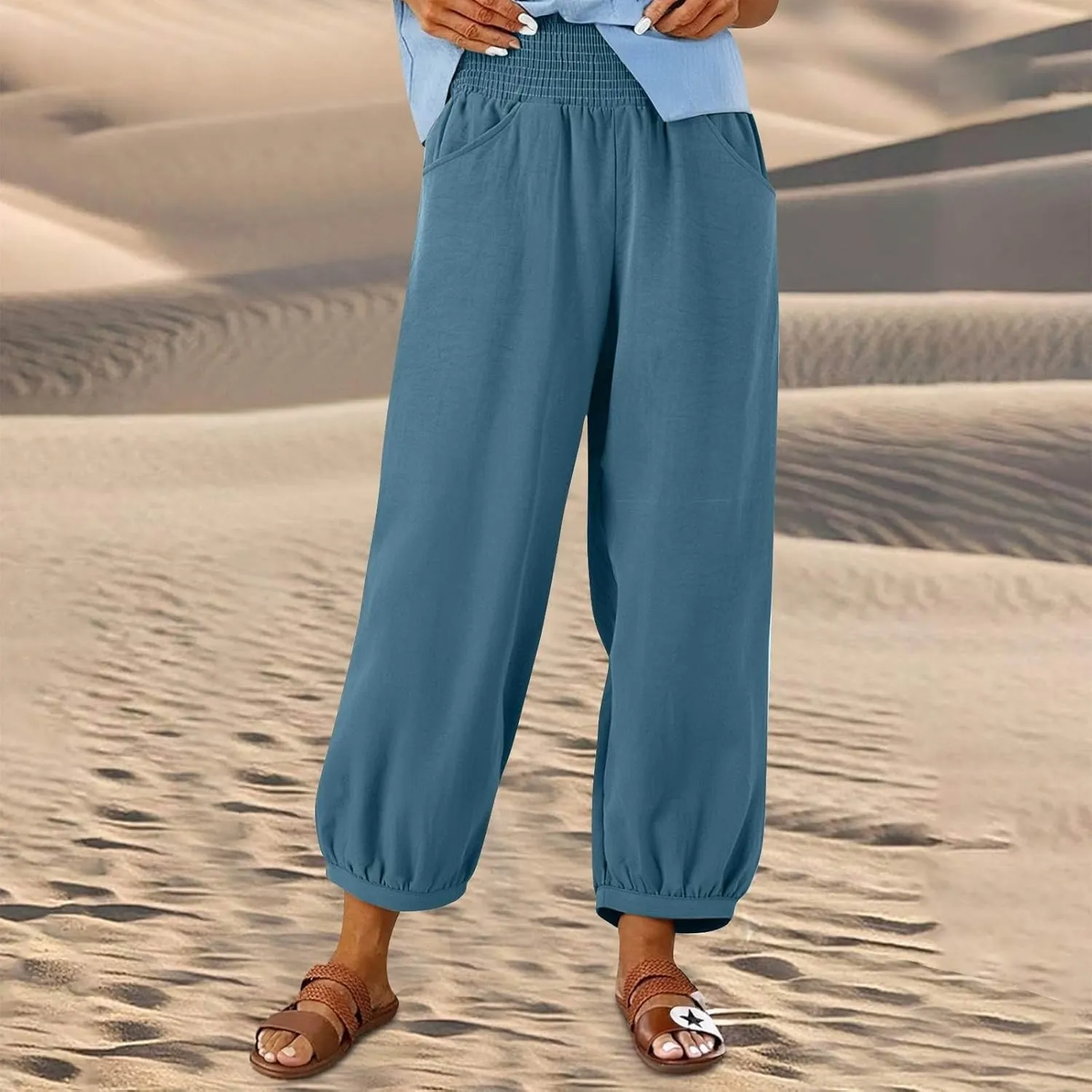 Harem Pants Women Wide Leg Elastic Waist Summer Linen Pants Flowy Loose Baggy Palazzo Trendy Beach Vacation Trousers