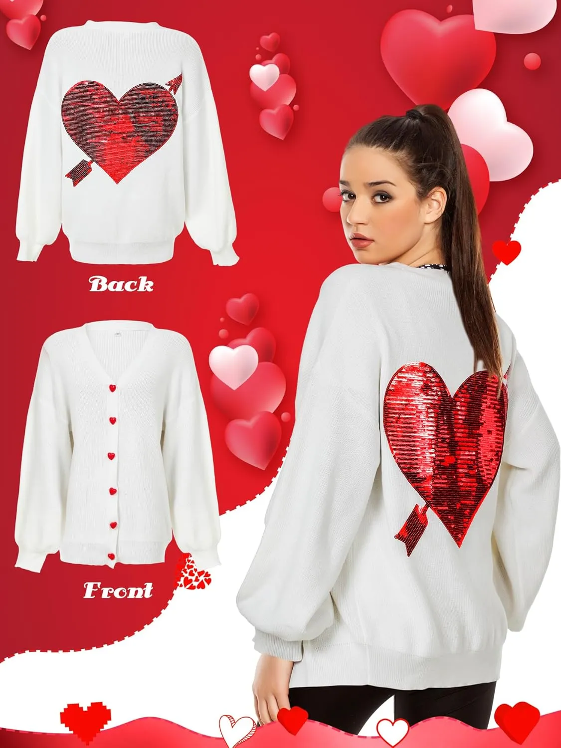 Heart Sweater Sequins Embroidery Love Heart Cardigan Sweater Knit Lightweight Cardigan Sweaters