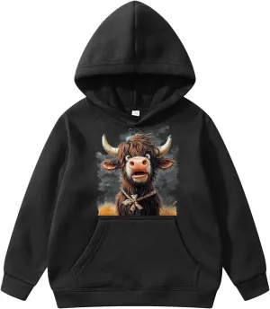 High Land Cow Girls Oversized Hoodie Shirts Dressy Casual Gradient Cute Hooded Pullover Tops Loose Kid Preppy Clothes