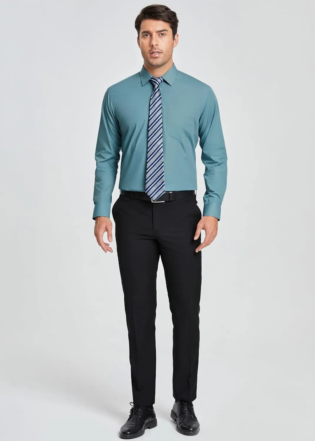HISDERN Mens Dress Shirt and Tie Handkerchief Set Classic Long Sleeve Shirts Matching Ties Formal Button Down Shirts