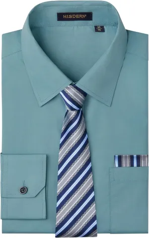 HISDERN Mens Dress Shirt and Tie Handkerchief Set Classic Long Sleeve Shirts Matching Ties Formal Button Down Shirts