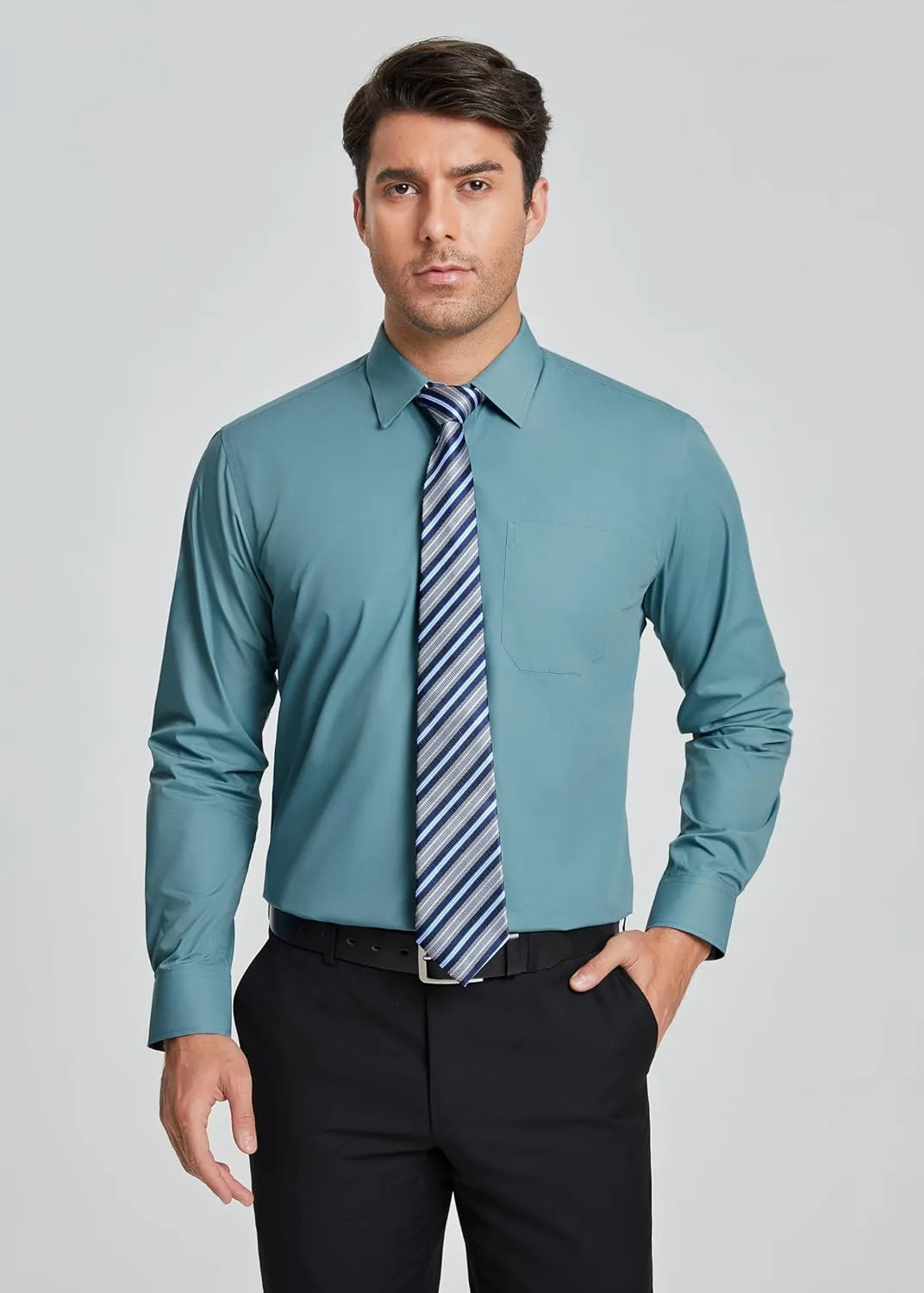 HISDERN Mens Dress Shirt and Tie Handkerchief Set Classic Long Sleeve Shirts Matching Ties Formal Button Down Shirts