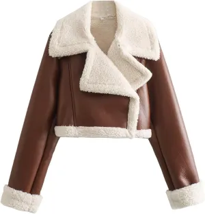 hlysgo Womens Faux Shearing Leather Jackets Sherpa-Lined Crop Coat Winter Bomber Jacket Short Outerwear Winter Clothes