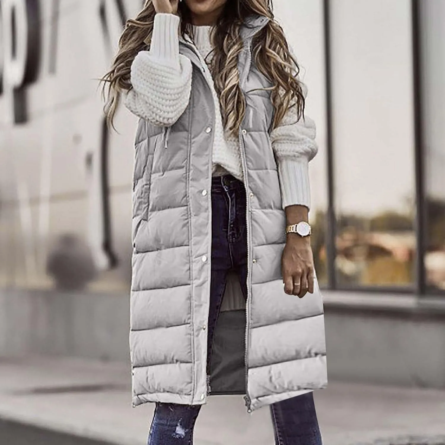 hlysgo Womens Quilted Puffer Vest Maxi Length Sleeveless Hooded Packable Winter Warm Thickened Down Jacket
