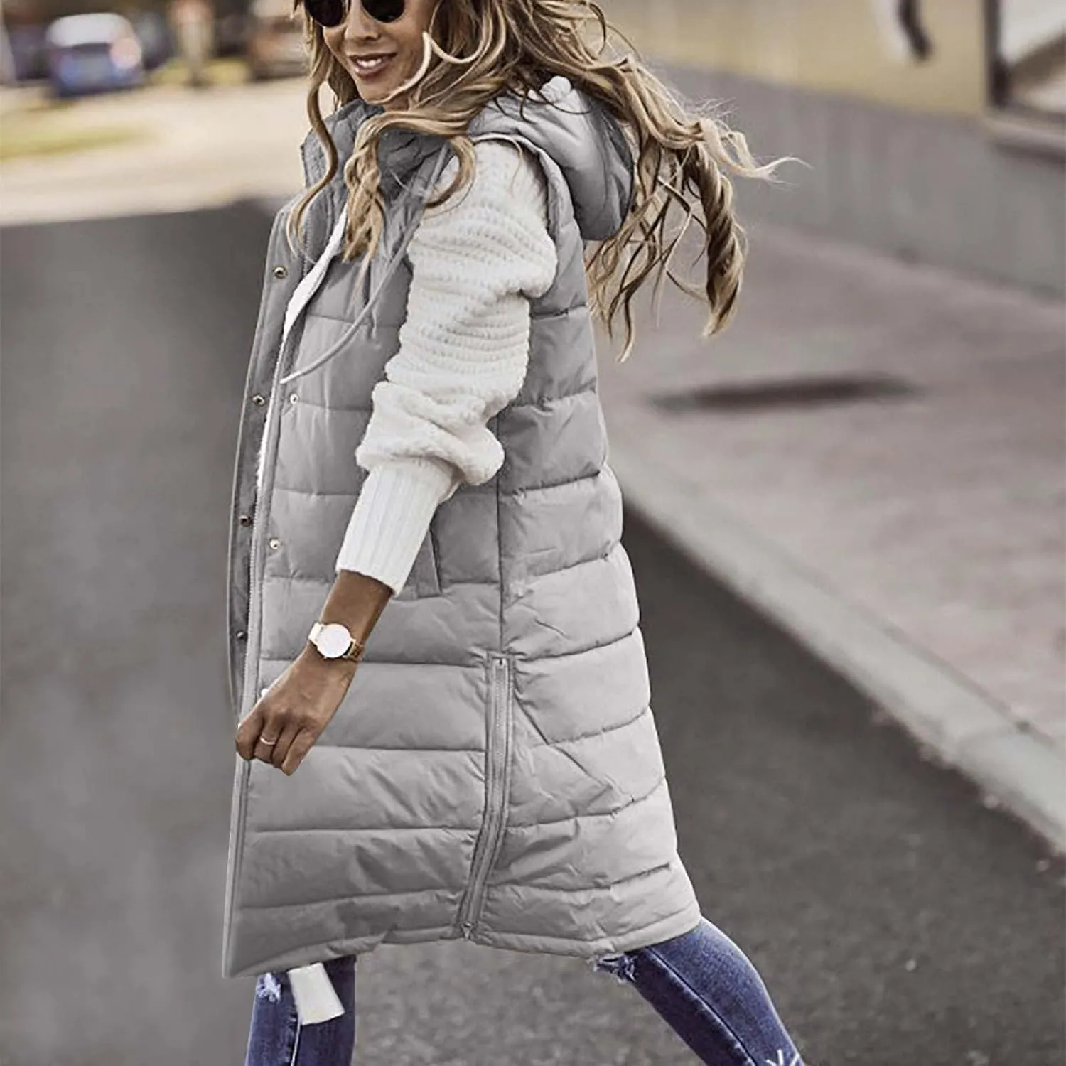 hlysgo Womens Quilted Puffer Vest Maxi Length Sleeveless Hooded Packable Winter Warm Thickened Down Jacket