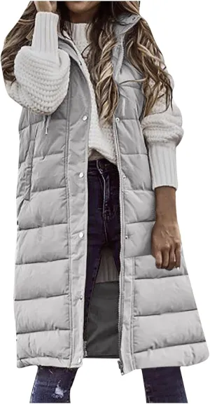 hlysgo Womens Quilted Puffer Vest Maxi Length Sleeveless Hooded Packable Winter Warm Thickened Down Jacket