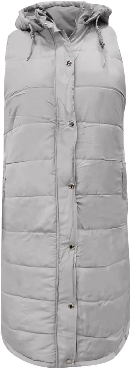 hlysgo Womens Quilted Puffer Vest Maxi Length Sleeveless Hooded Packable Winter Warm Thickened Down Jacket