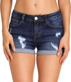 HOCAIES Women's Juniors Mid Rise Jean Shorts Folded Hem Denim Shorts for Women