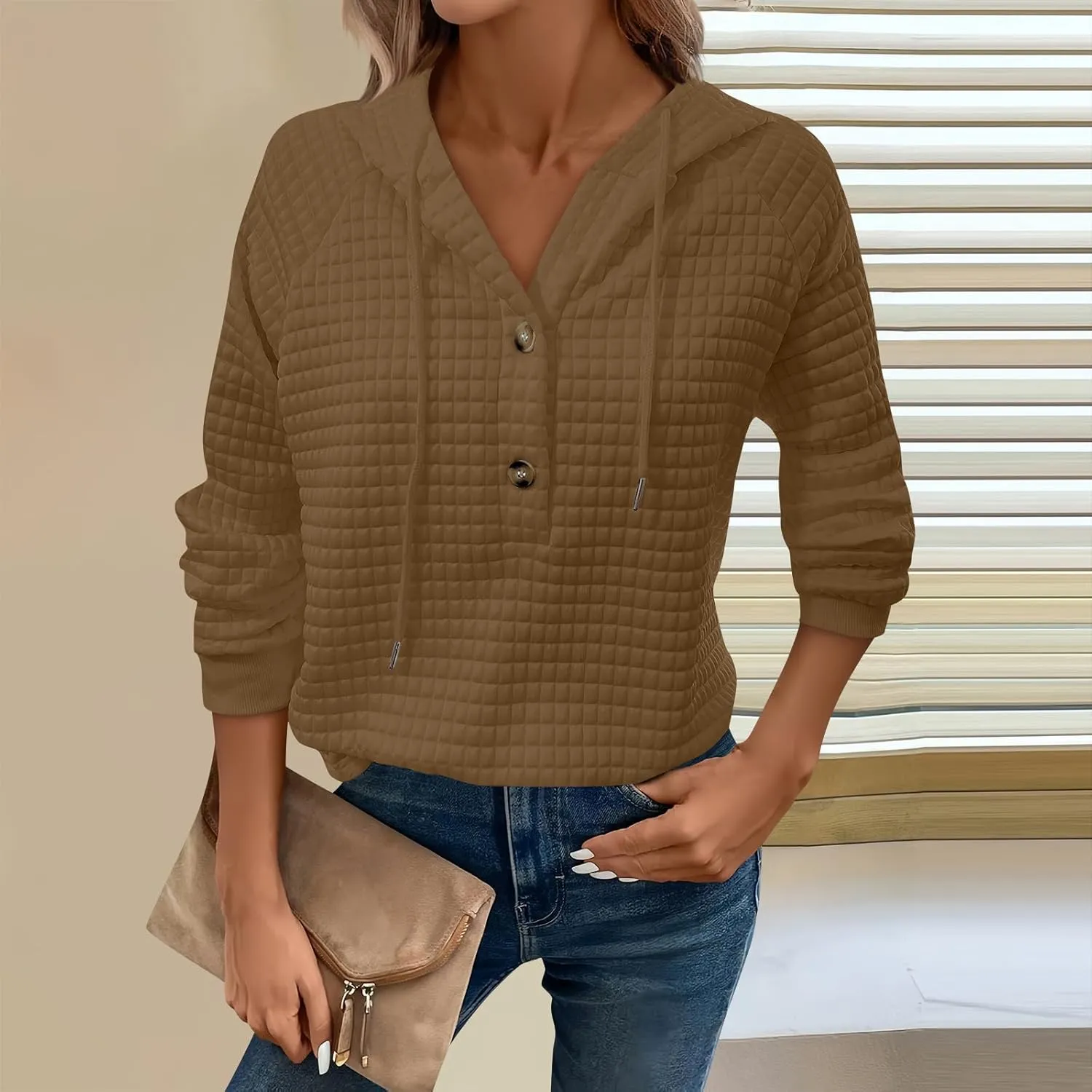 Hoodies For Women Waffle Knit Long Sleeve Shirts Drawstring Button V Neck Tops Fall Loose Fit Pullover Sweatshirt