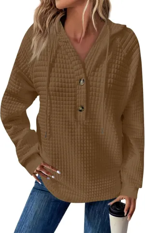 Hoodies For Women Waffle Knit Long Sleeve Shirts Drawstring Button V Neck Tops Fall Loose Fit Pullover Sweatshirt