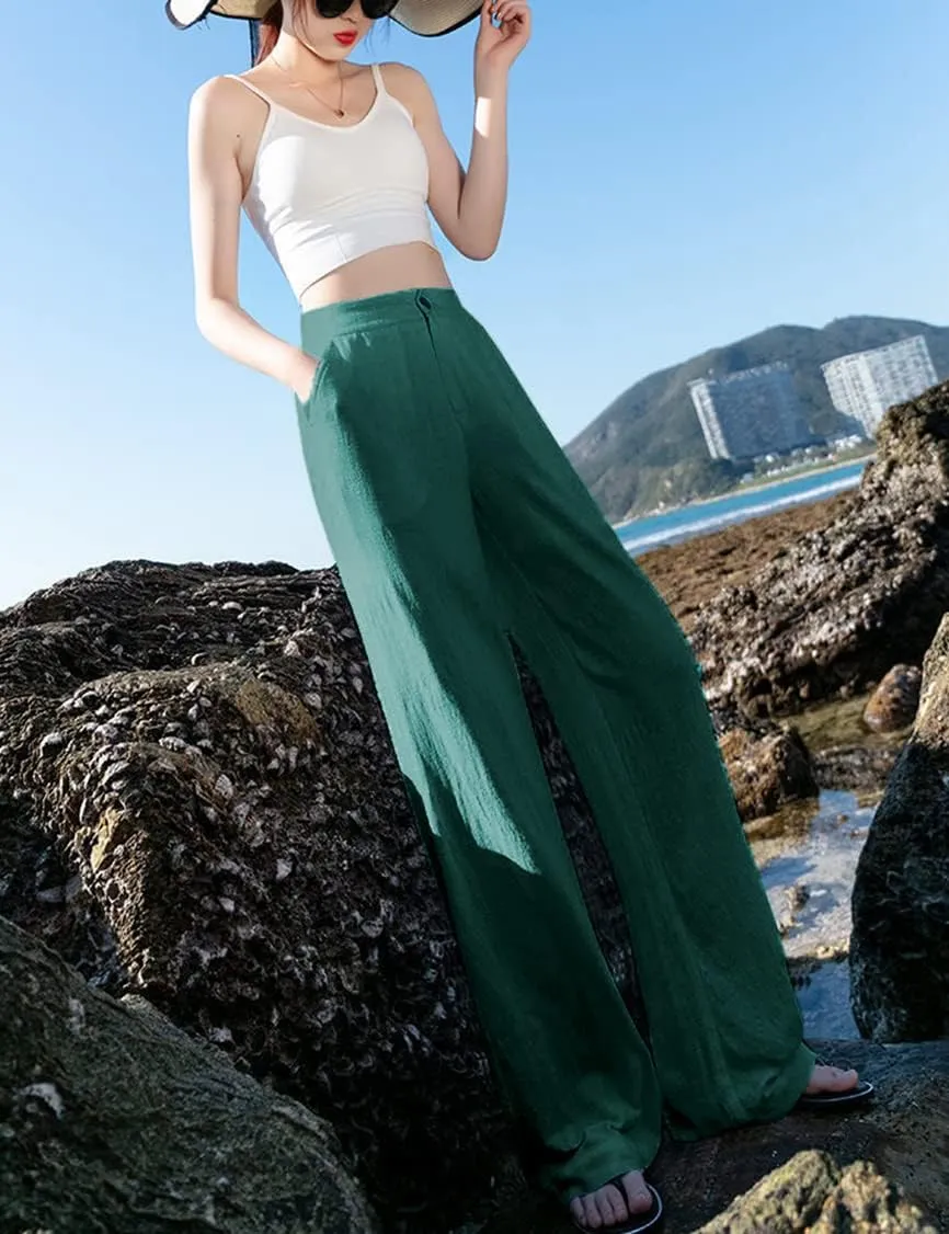 Hooever Womens Casual High Waisted Wide Leg Pants Button Up Straight Leg Trousers