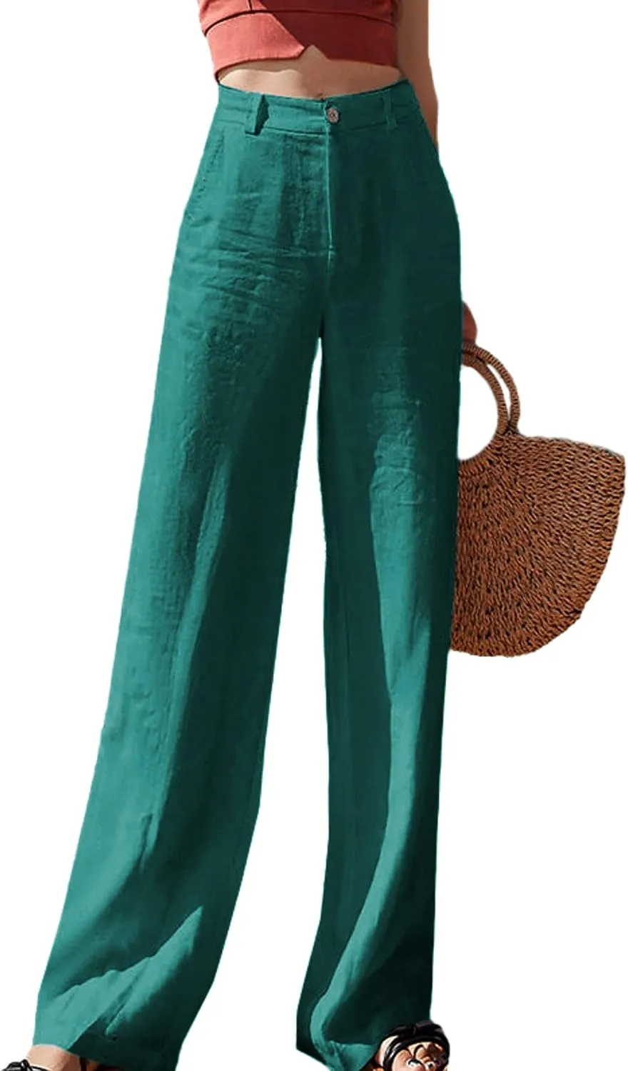 Hooever Womens Casual High Waisted Wide Leg Pants Button Up Straight Leg Trousers