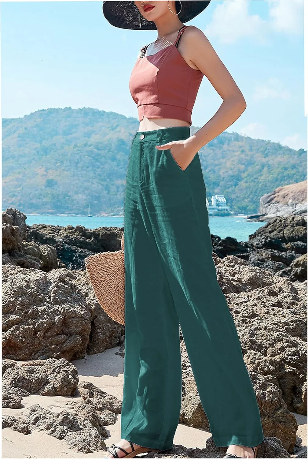 Hooever Womens Casual High Waisted Wide Leg Pants Button Up Straight Leg Trousers