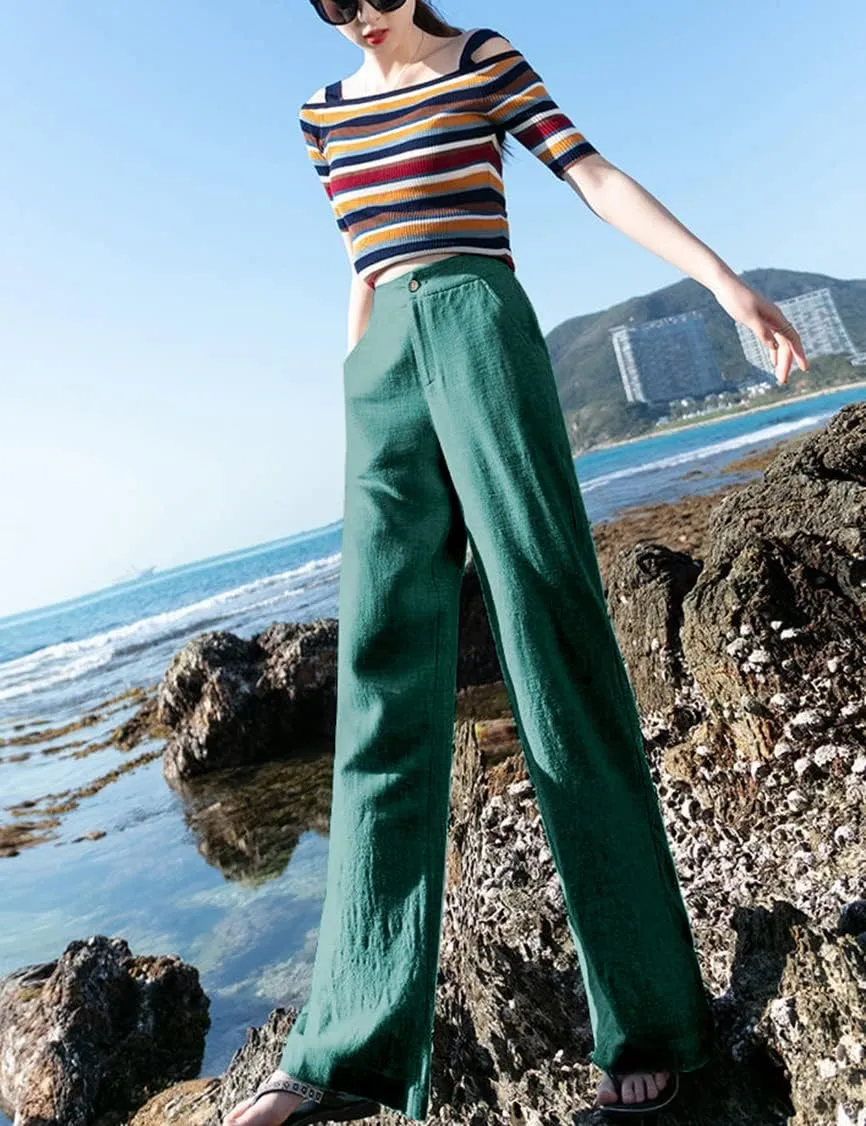 Hooever Womens Casual High Waisted Wide Leg Pants Button Up Straight Leg Trousers