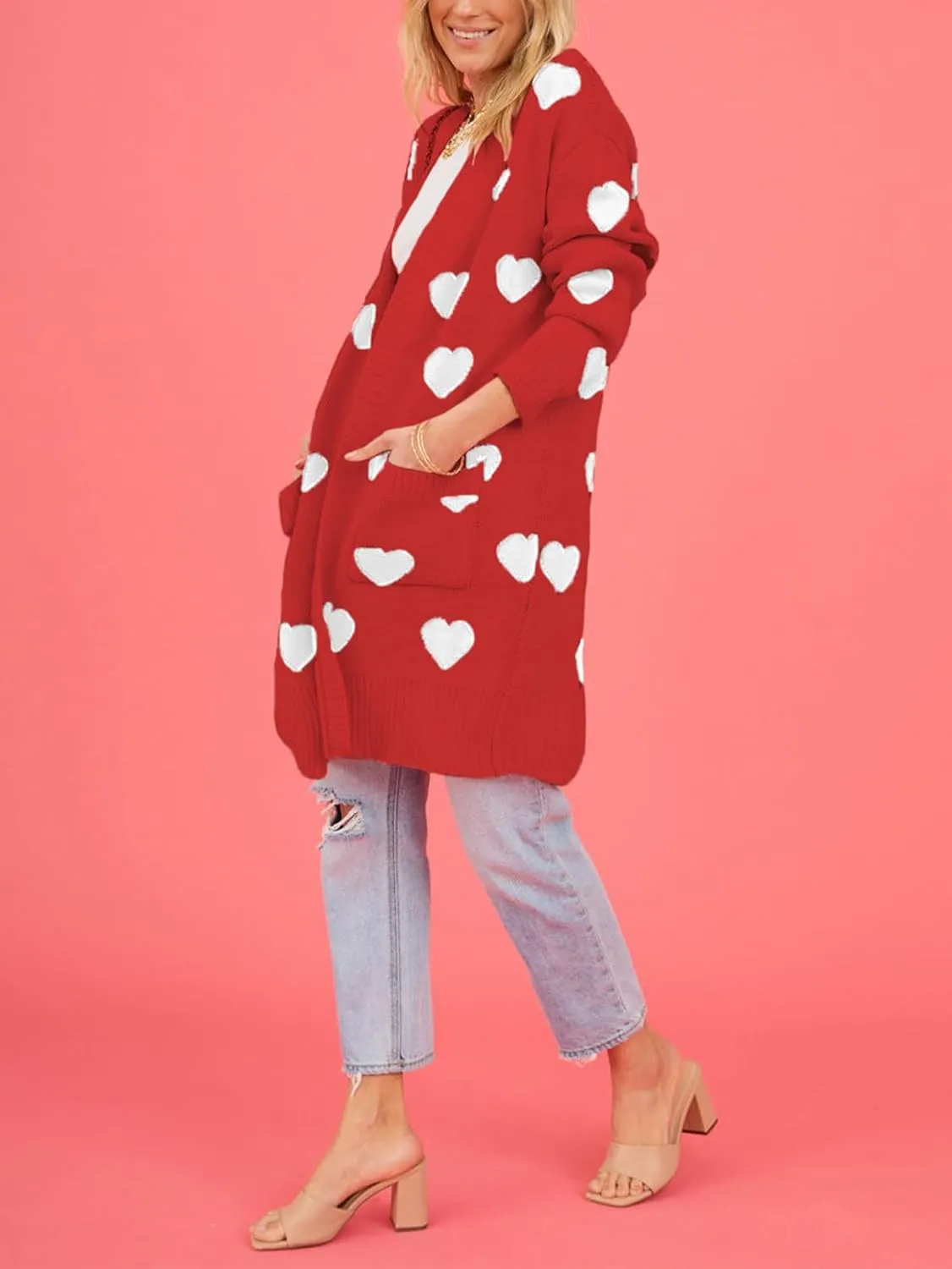 HOULENGS Women's Spring Cute Heart Long Cardigan Sweater V Neck Open Front Ribbed Knit Sweater Coats with Pockets