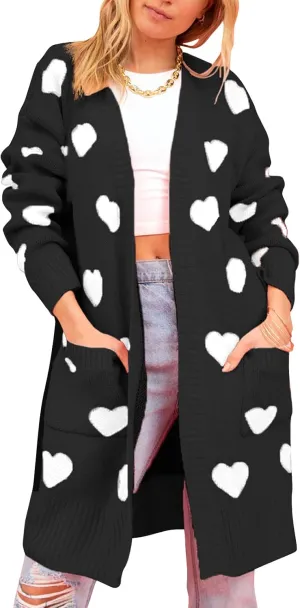 HOULENGS Women's Spring Cute Heart Long Cardigan Sweater V Neck Open Front Ribbed Knit Sweater Coats with Pockets