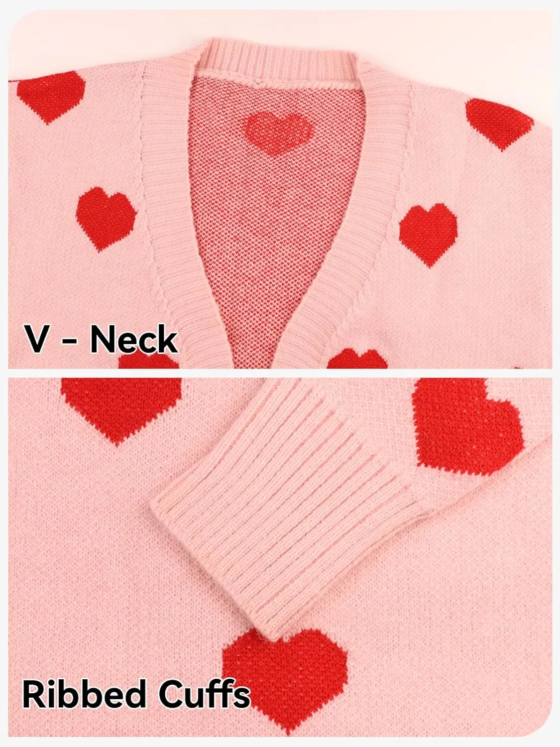 HOULENGS Women's Spring Cute Heart Long Cardigan Sweater V Neck Open Front Ribbed Knit Sweater Coats with Pockets