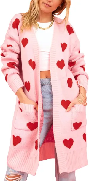 HOULENGS Women's Spring Cute Heart Long Cardigan Sweater V Neck Open Front Ribbed Knit Sweater Coats with Pockets