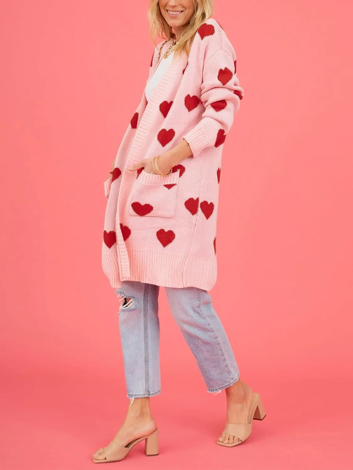HOULENGS Women's Spring Cute Heart Long Cardigan Sweater V Neck Open Front Ribbed Knit Sweater Coats with Pockets