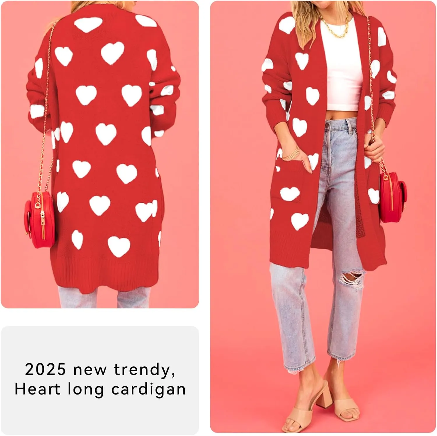 HOULENGS Women's Spring Cute Heart Long Cardigan Sweater V Neck Open Front Ribbed Knit Sweater Coats with Pockets